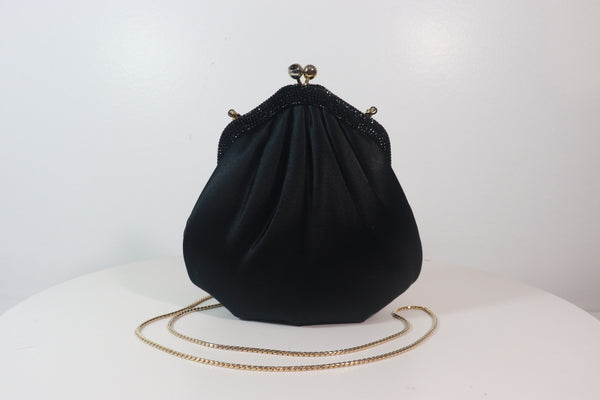 JUDITH LEIBER Black Satin Evening Bag with Jet Black Rhinestones