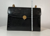 GUCCI 1960s Black Lizard Leather Handbag with Mini Wallet and Mirror