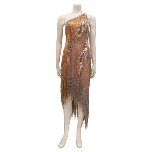 BOB MACKIE Asymmetrical Glass Bead and Sequined Gown with Beaded Fringe