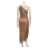 BOB MACKIE Asymmetrical Glass Bead and Sequined Gown with Beaded Fringe