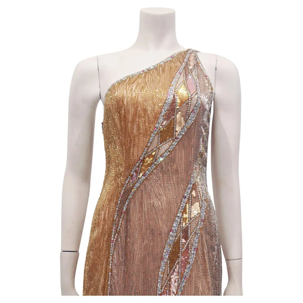 BOB MACKIE Asymmetrical Glass Bead and Sequined Gown with Beaded Fring The Paper Bag Princess BOB MACKIE Asymmetrical Glass Bead and Sequined Gown with Beaded Fring The Paper Bag Princess
