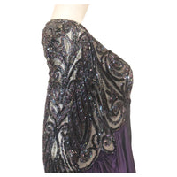 BOB MACKIE Purple Open Back Tea Length Gown with Beaded Bodice and Sleeves