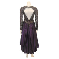 BOB MACKIE Purple Open Back Tea Length Gown with Beaded Bodice and Sleeves