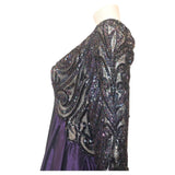 BOB MACKIE Purple Open Back Tea Length Gown with Beaded Bodice and Sleeves