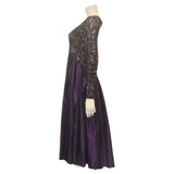 BOB MACKIE Purple Open Back Tea Length Gown with Beaded Bodice and Sleeves