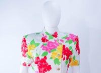 HANAE MORI White Floral Linen Day Dress, Gold Buttons Size 6-8