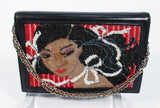 VINTAGE Black Leather Portrait Art Beaded Clutch with Optional Gold Chain