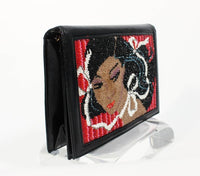 VINTAGE Black Leather Portrait Art Beaded Clutch with Optional Gold Chain