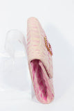ANDREA PFISTER Pink and White Crocodile Embossed Leather Clutch with Rhinestone