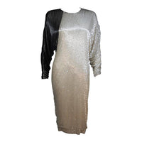 VINTAGE Circa 1980s Black and Silver Silk Cocktail Dress SIze 4-6