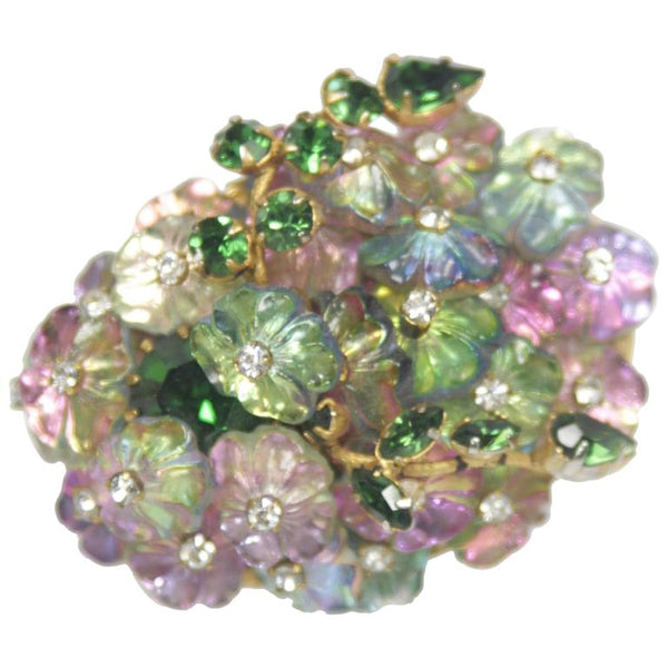 ALICE CAVINESS Floral Motif Brooch with Iridescent Beads and Rhinestones