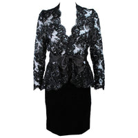 TRAVILLA Black Sequin Lace Skirt Suit with Satin Bow Belt Size 2-4