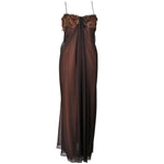 TRAVILLA Draped Brown Silk Chiffon Gown with Feather Applique Size 8