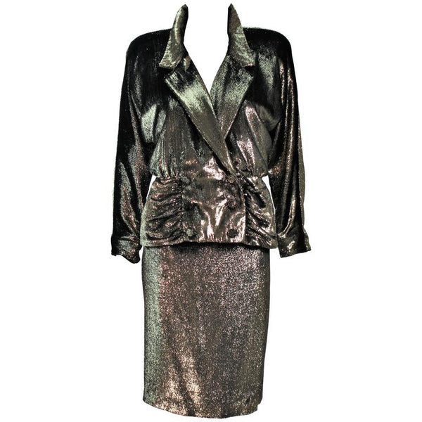 TRAVILLA Gold Velvet Lame Skirt Suit Size 6