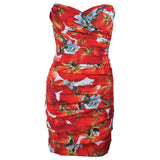 DOLCE & GABBANA Ruched Stretch Silk Fruit Print Dress Size 38