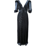 VINTAGE Circa 1970s Black Silk Chiffon Sequin Gown Size 4-6