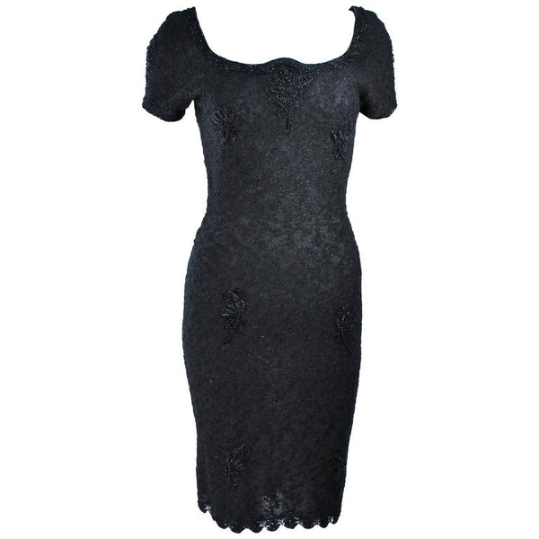 VINTAGE Circa 1960s Black Beaded Wool Knit Cocktail Dress