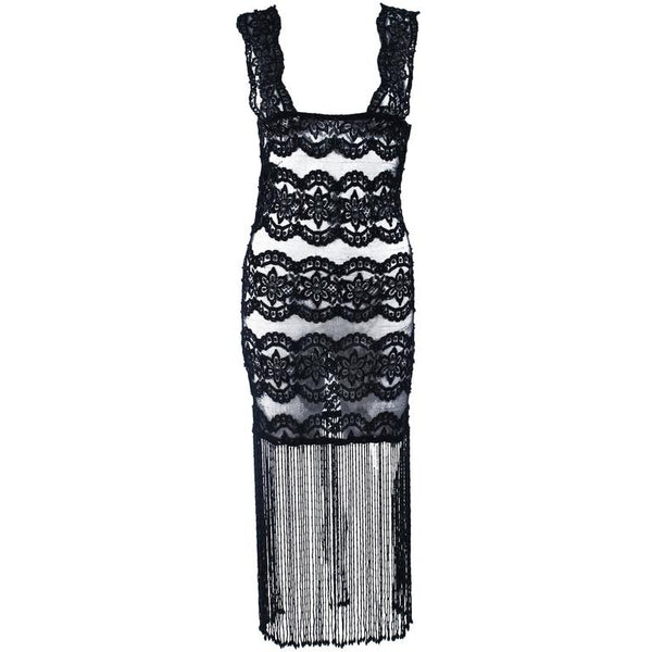 CUSTOM Sheer Stretch Black Lace Dress with Fringe Size 2-4