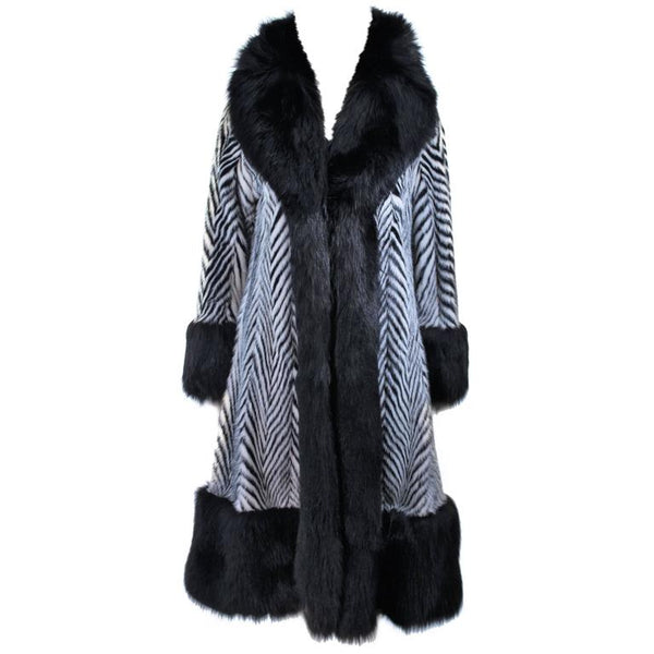 FACCARIA FURS Black & White Chevron Fur Coat w/ Fox Trim Size 4