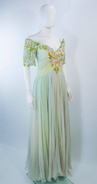 bob mackie green dress Medium Bob Mackie Boutique Green Dress 1990s Gold Beaded Black Ball Gown 90s VTG