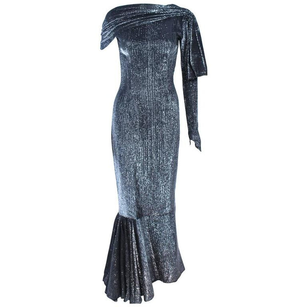 VINTAGE Black and Silver Metallic Draped Asymmetrical Gown Size 2
