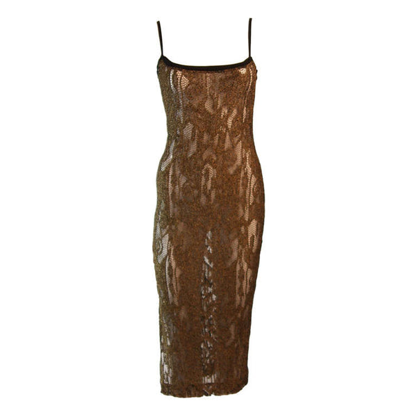 RIFAT OZBEK Sheer Gold Metallic Knit Dress The Paper Bag Princess RIFAT OZBEK Sheer Gold Metallic Knit Dress The Paper Bag Princess