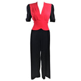 NORMA KAMALI Black and Red Silk Color Block Jumpsuit Size 6