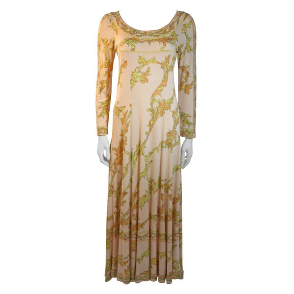 EMILIO PUCCI 1970s Peach with Yellow Print Silk Jersey Gown
