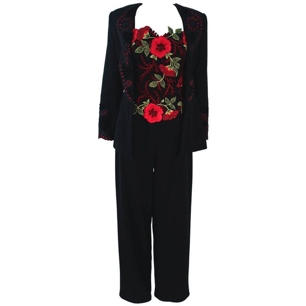 FE ZANDI Vintage Black Floral Bustier Lace Pant Suit Size 8