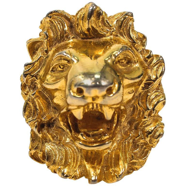 JUDITH LEIBER Vintage Lion's Head Brooch Pendant Gold Tone