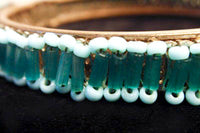 MIRIAM HASKELL Mesh Hinged Bracelet with Blue Bugle and Seed Beads Signed with Chain