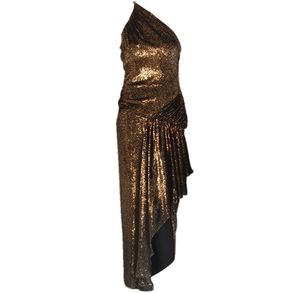 VICKY TIEL 1980s Black and Gold Velvet Gown with High Low Hem