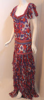 DIANE FREIS 1980s Red Long Floral Print Dress w/ Ruffles