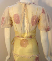 VINTAGE Circa 1930s Custom 2 pc Long Cream Dress w/ Flowers & Slip