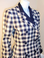 GIVENCHY 1980s  Navy and Cream Plaid Wool Fitted Flared Coat Dress