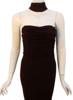 HALSTON Dark Brown Reverse Halter Backless Evening Gown