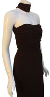 HALSTON Dark Brown Reverse Halter Backless Evening Gown