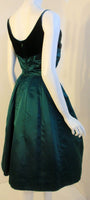 OLEG CASSINI 1960s Emerald Satin Cocktail Dress with Velvet
