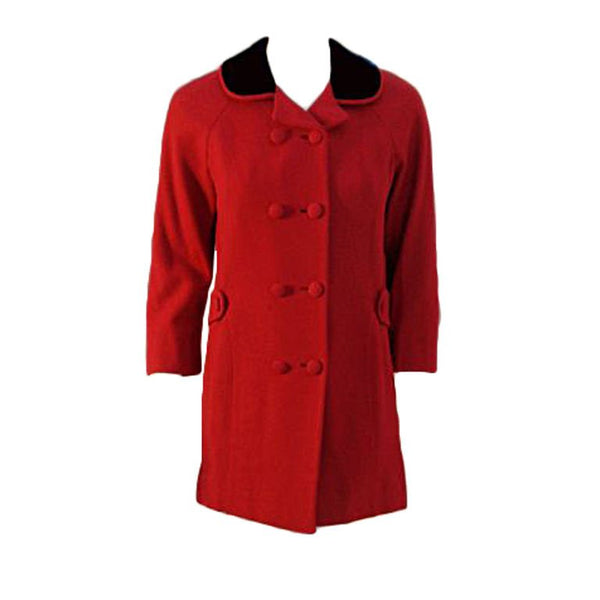 DON LOPER 1950s Red Wool Coat with Black Velvet Collar
