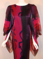 HANAE MORI Pink, Purple, & Black Chiffon Gown, Bell Sleeves