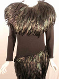 ADOLFO Long Black Knit Evening Gown with Iridescent Feathers