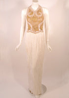 MARY MCFADDEN Couture Gold & White Beaded Halter Neck Gown