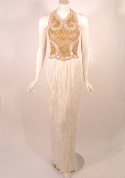 MARY MCFADDEN Couture Gold & White Beaded Halter Neck Gown MARY MCFADDEN Couture Gold & White Beaded Halter Neck Gown