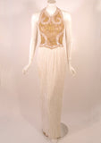 MARY MCFADDEN Couture Gold & White Beaded Halter Neck Gown