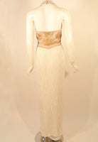 MARY MCFADDEN Couture Gold & White Beaded Halter Neck Gown