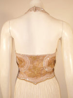 MARY MCFADDEN Couture Gold & White Beaded Halter Neck Gown