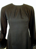 DON LOPER Black Long Sleeve Wool Dress, Side Slit, and Fur Cuffs Size 6