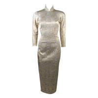 VINTAGE Oriental Inspired Blue & Gold Silk Brocade Dress Size 0-2
