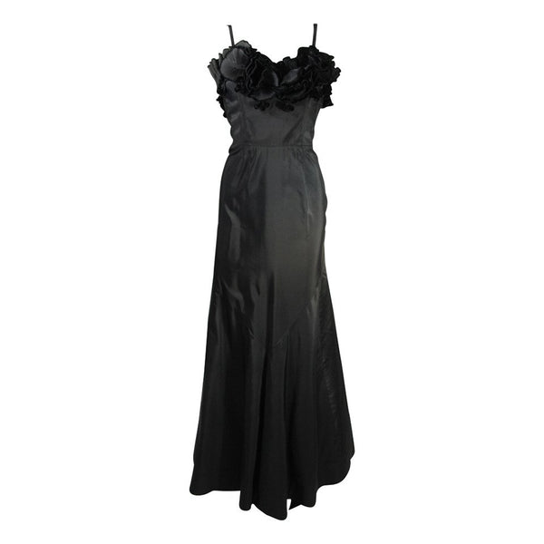 THERESE French Shop 1950s Three Dimensional Floral Bodice Black Silk Gown