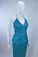 ELIZABETH MASON COUTURE Blue Silk Jersey Halter Gown Size 2